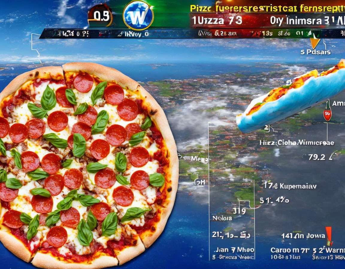 Pepperoni and Basil Pizza Next to Weather Map with Data