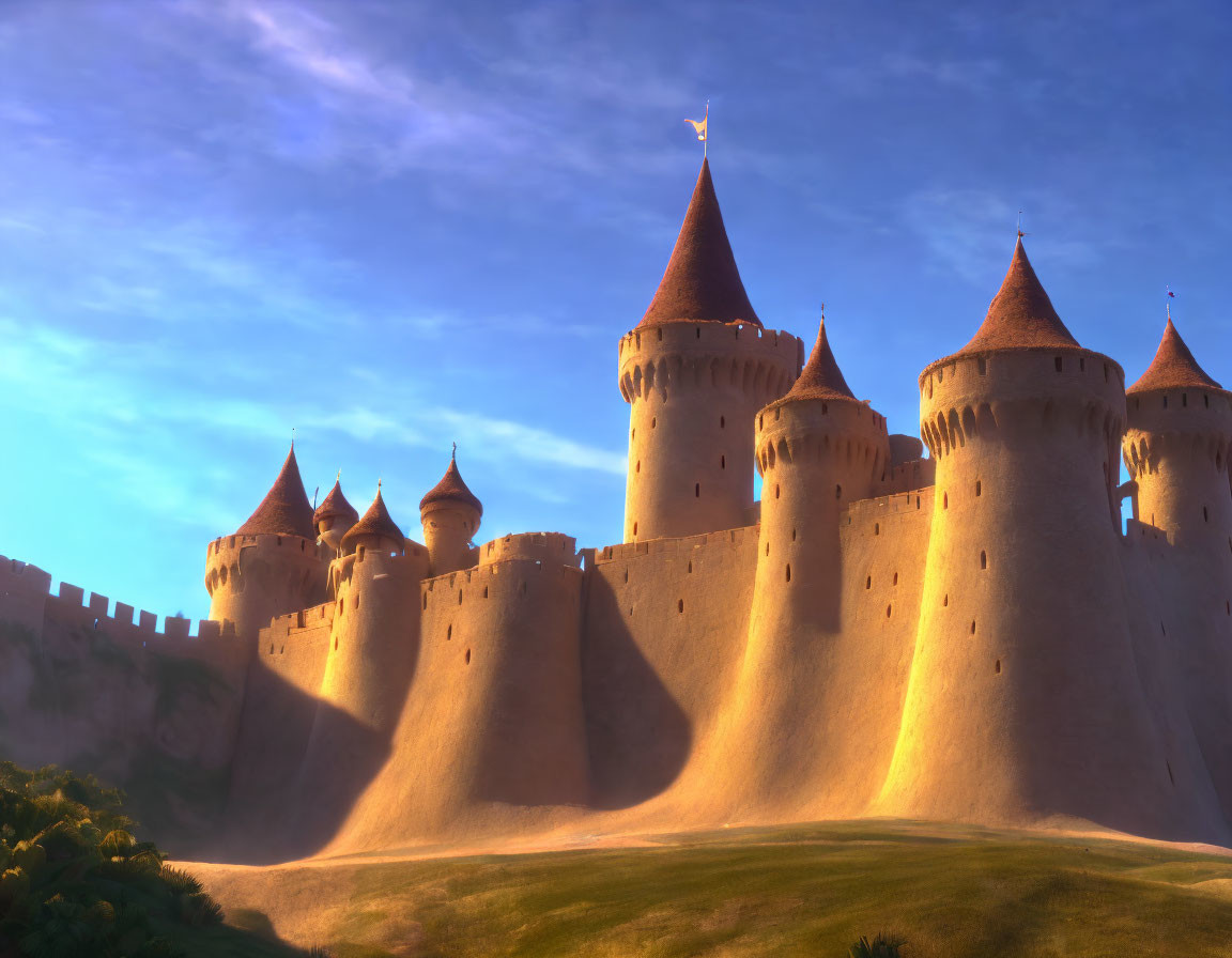Majestic castle with multiple spires under clear blue sky