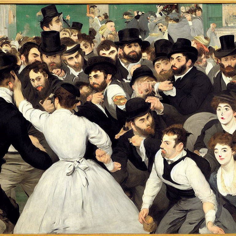 Elegant crowd scene with men in top hats and women around central figure