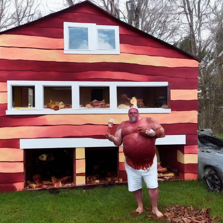 Man in Shirtless Body Costume with Cup in Front of Striped House
