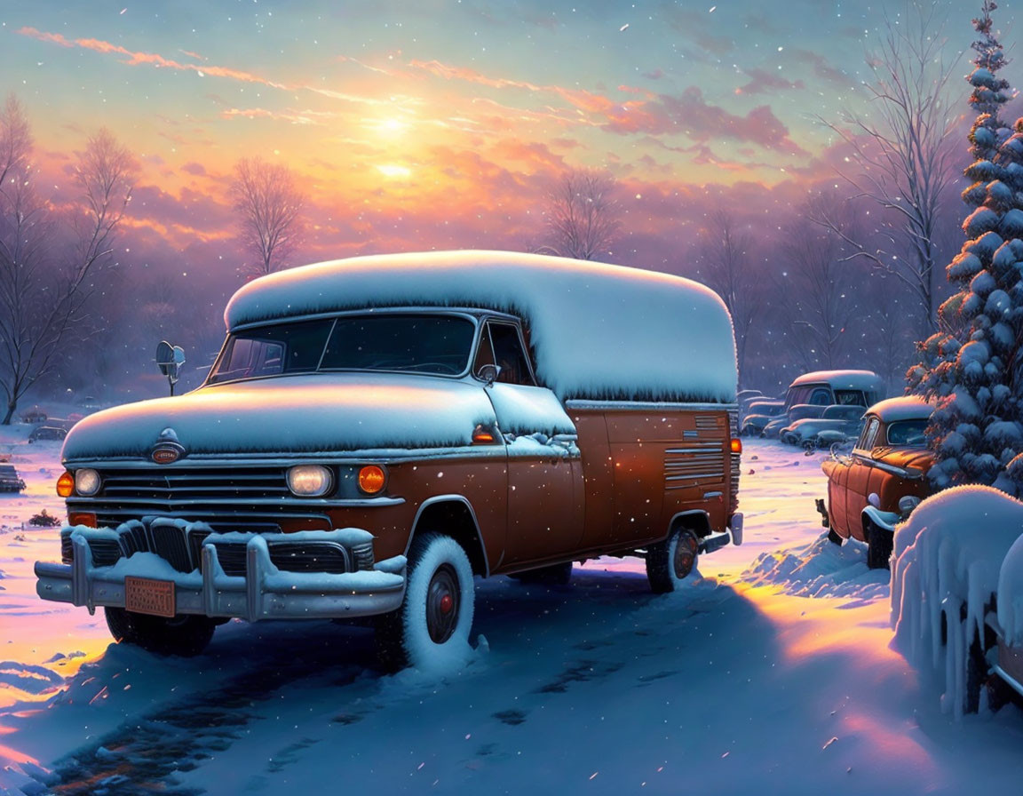 Snow-covered vintage vehicles in winter sunset with warm light on tranquil snowy landscape