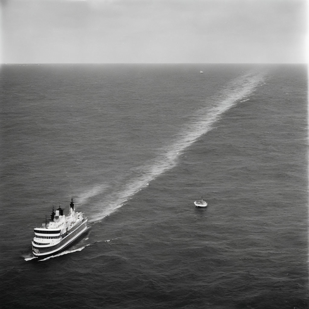 Monochrome image of ship's wake on ocean with small boat