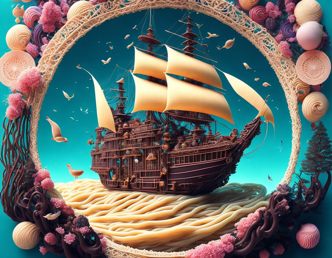 Fantastical ship sailing in underwater dreamscape surrounded by marine life