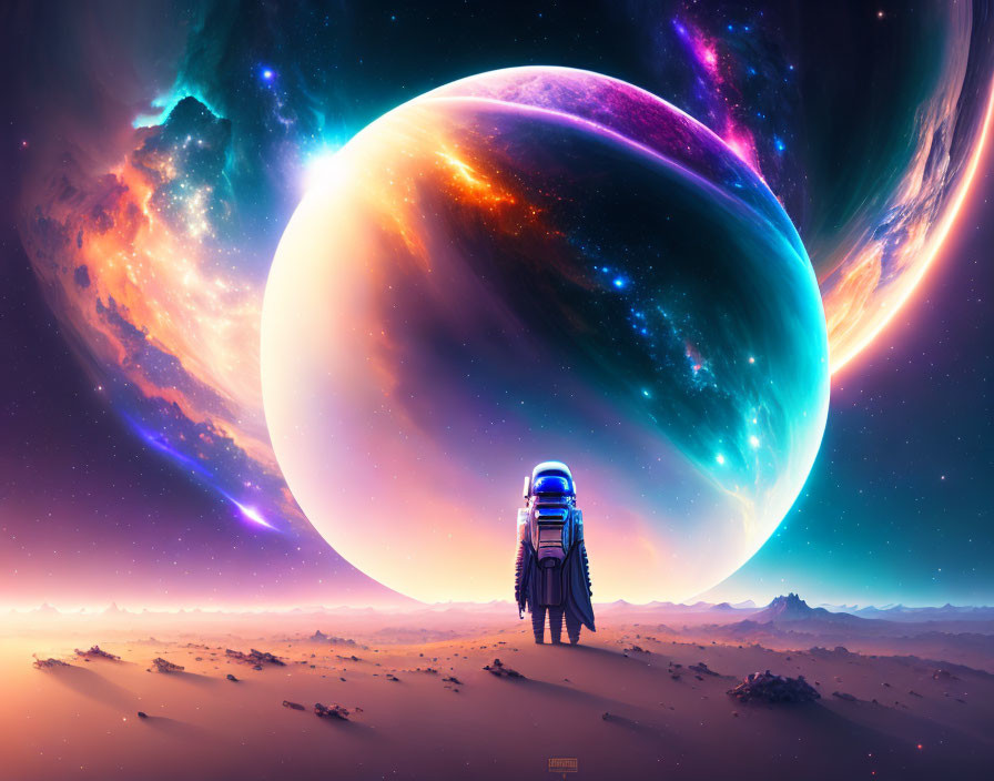 Person in spacesuit on alien desert under colorful celestial sky