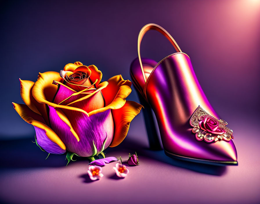 Vibrant golden-orange rose, purple tulip, luxury purple high-heeled shoe with jeweled