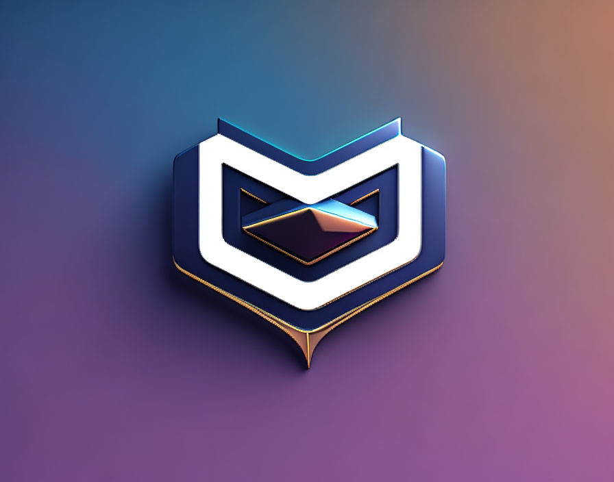 Layered 3D geometric emblem with metallic sheen on gradient blue-purple backdrop