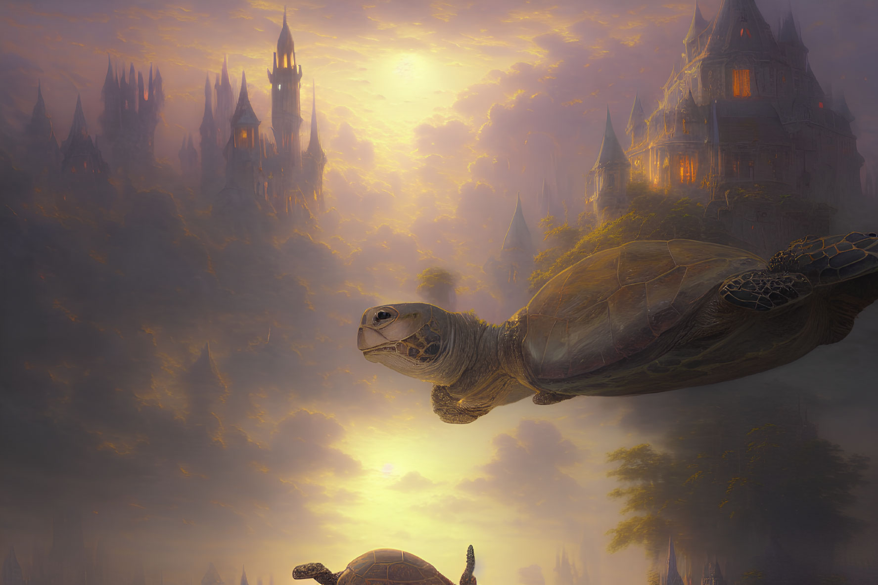 Giant flying turtles in misty forest with castles at sunset