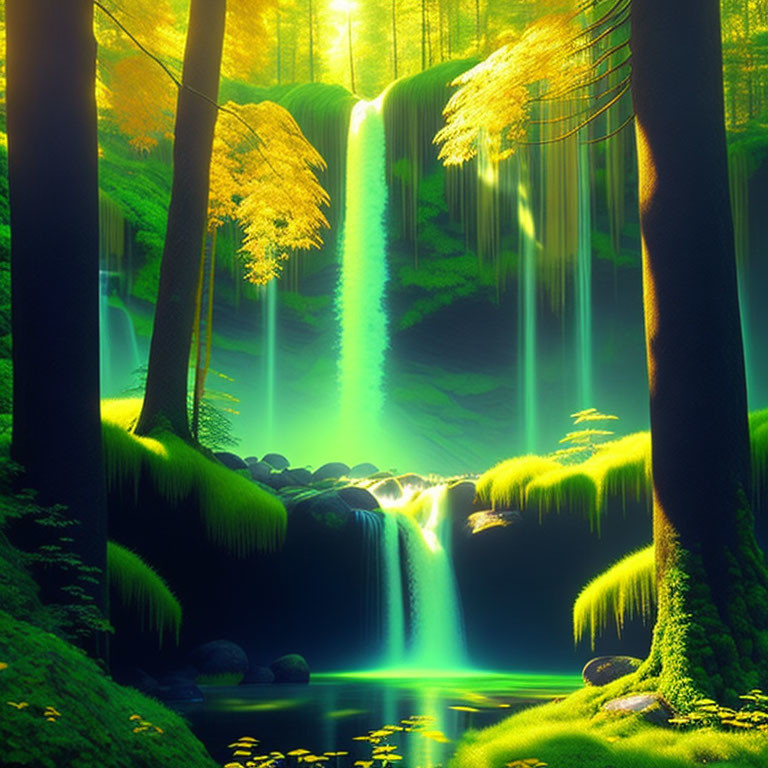 Green gold forest waterfall
