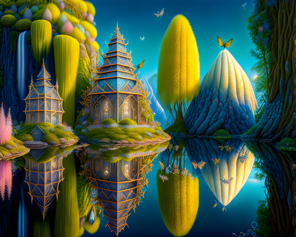 Fantasy landscape featuring ornate towers, waterfalls, vibrant flora, reflective water, butterflies, and