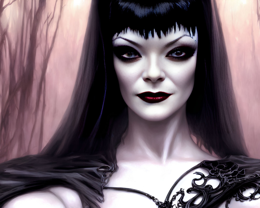 Digital painting of pale woman with black hair in dark outfit against surreal forest backdrop