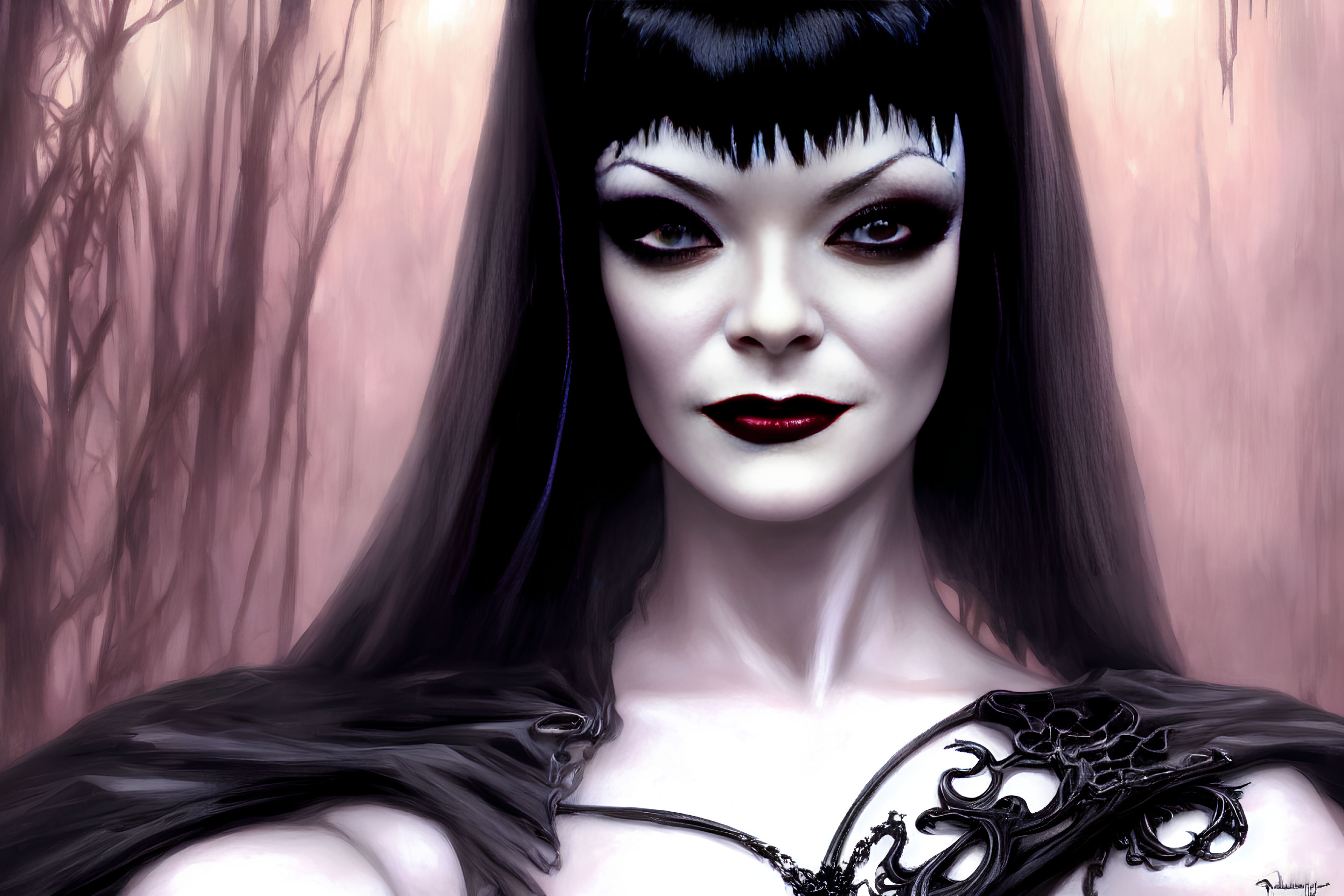 Digital painting of pale woman with black hair in dark outfit against surreal forest backdrop