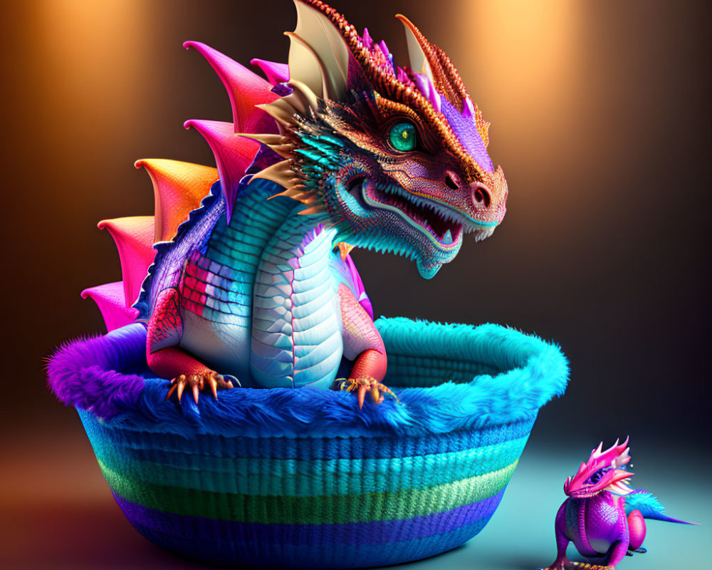 Vibrant digital artwork of two dragons in a blue basket