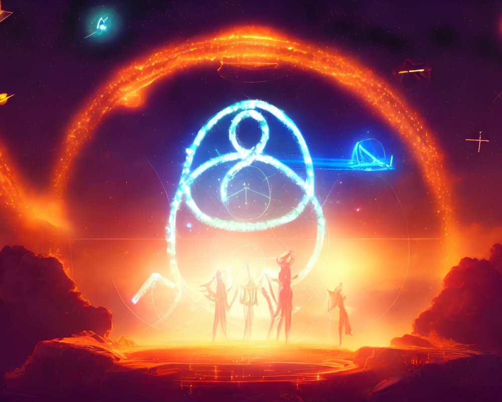 Sci-fi scene with silhouetted figures and glowing astral symbol