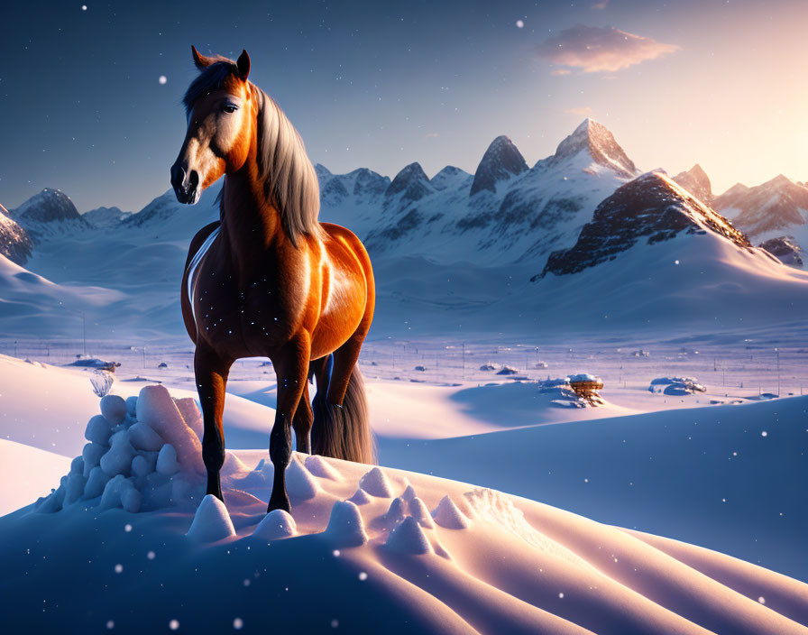 Majestic bay horse in snowy mountain landscape