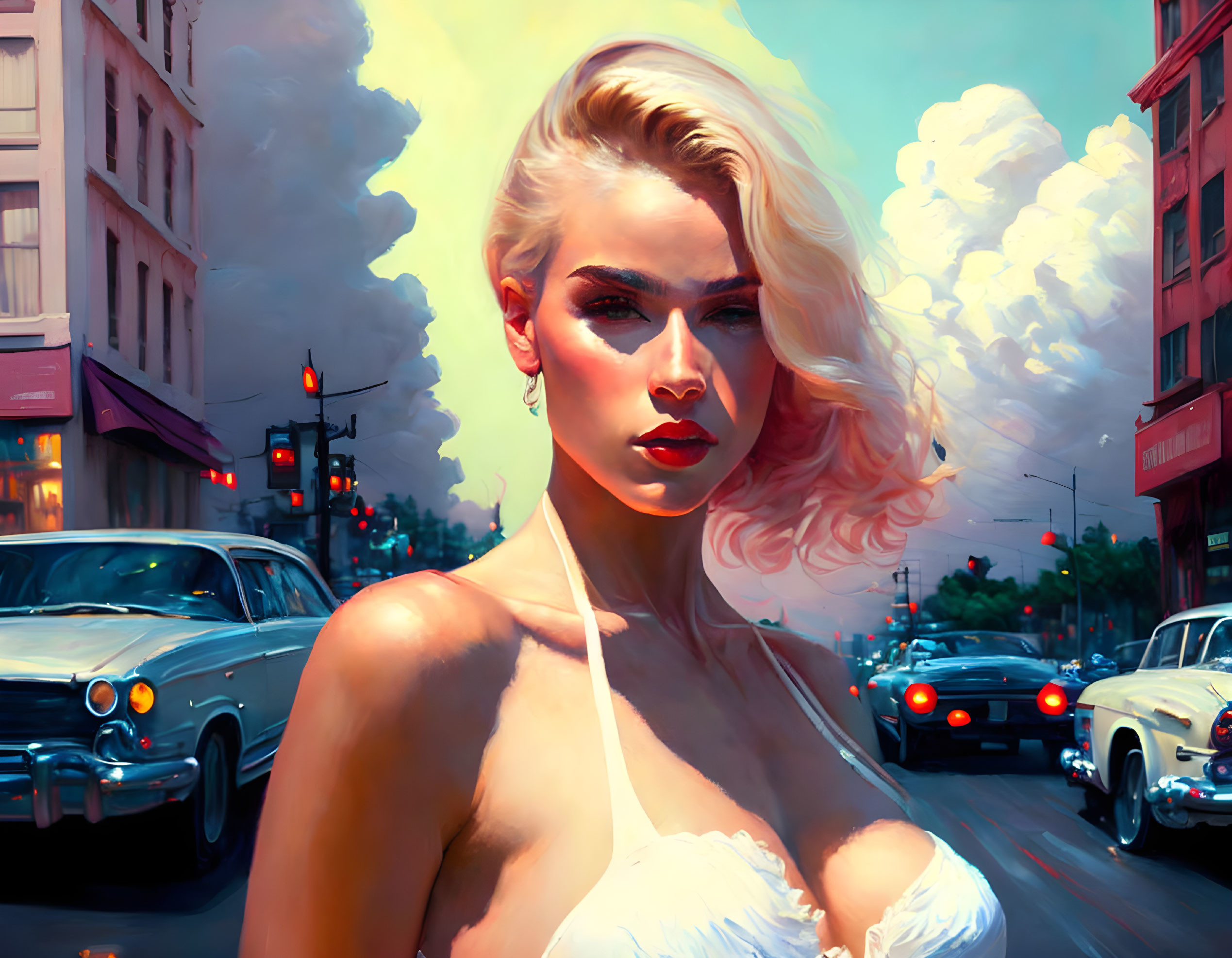 Stylized illustration of glamorous woman with blonde hair in urban setting