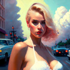 Stylized illustration of glamorous woman with blonde hair in urban setting