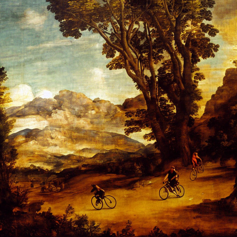 Two cyclists in classical landscape with lush trees and mountains