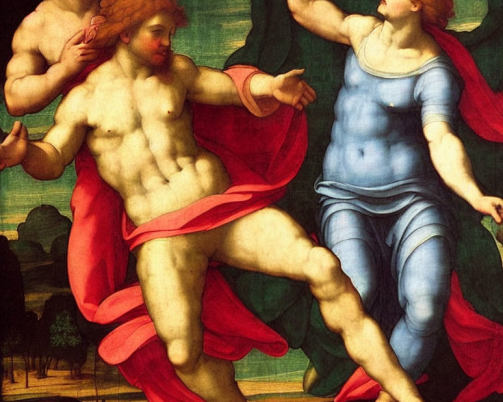Renaissance painting of man and woman with mythological features in vibrant red and blue.