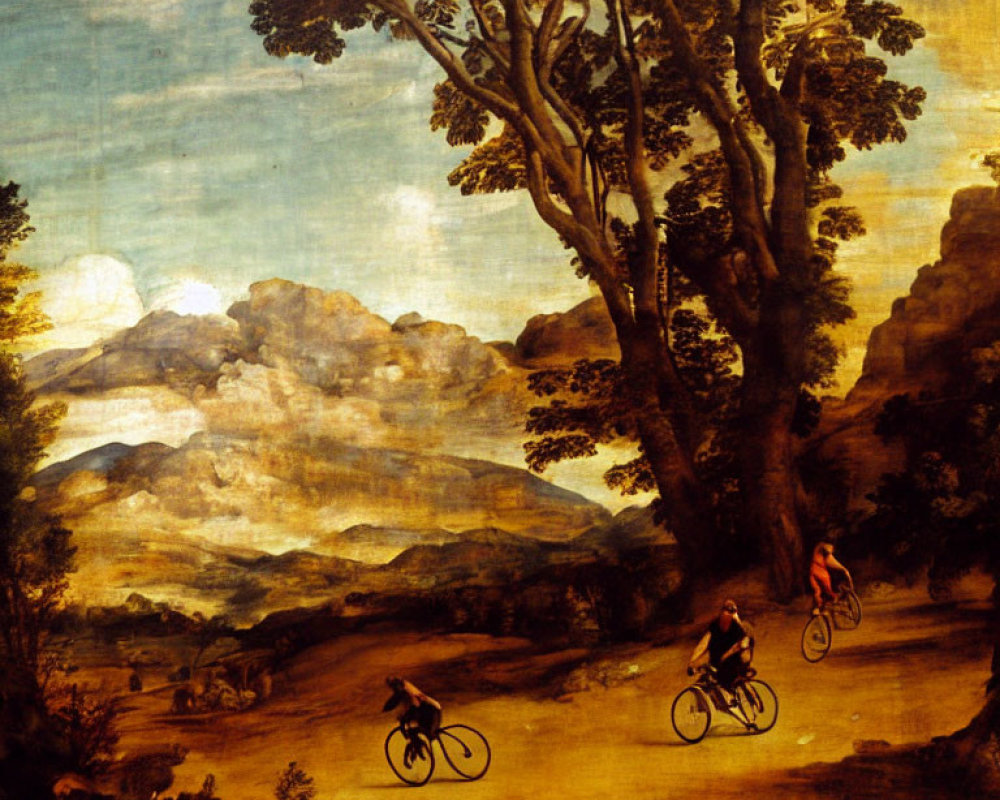 Two cyclists in classical landscape with lush trees and mountains