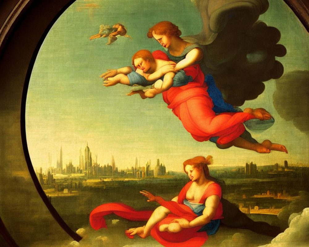 Renaissance-style painting: Three angels in clouds with cityscape below