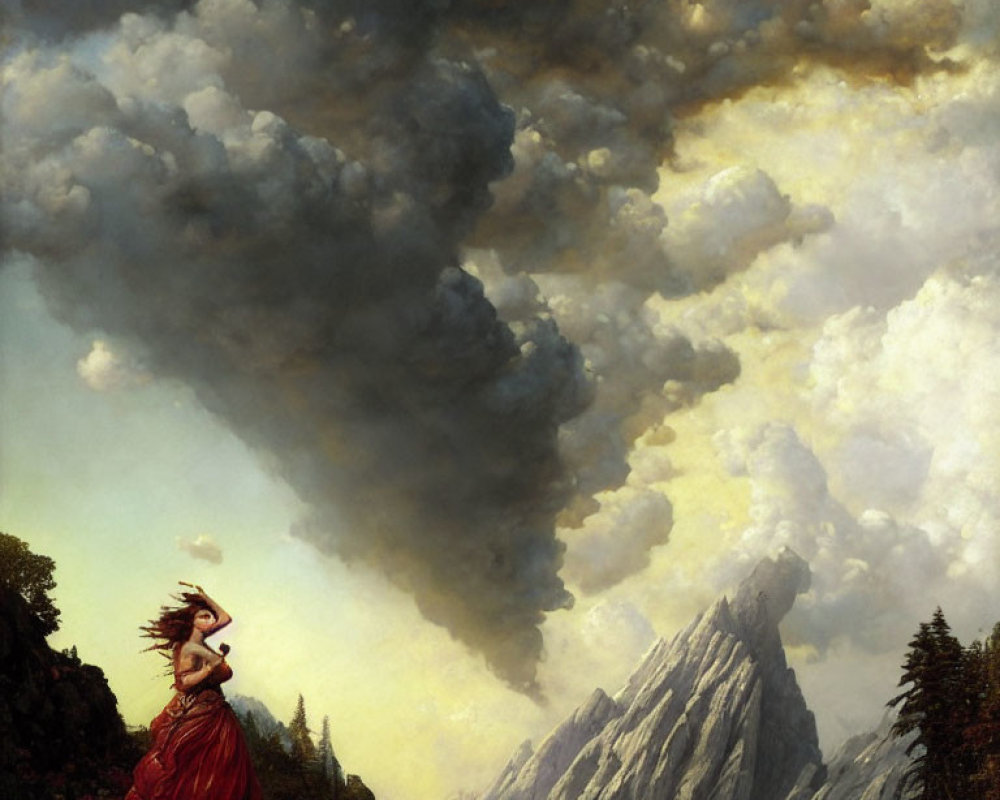 Dramatic painting of woman in red dress on cliff with billowing hair and dark clouds