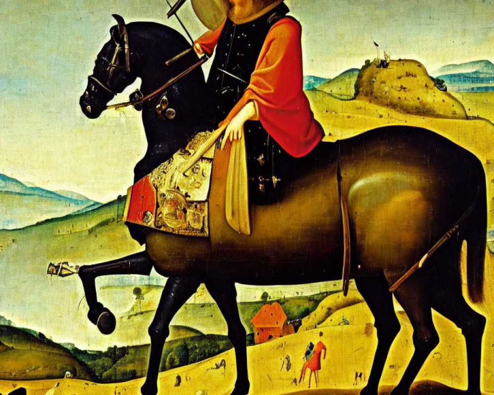 Medieval painting: solemn red knight on black horse with lance in rural scene