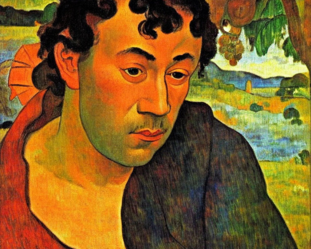 Man with Curly Hair and Red Scarf in Vibrant Landscape Painting
