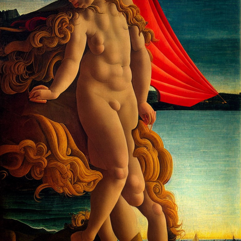 Classical painting of nude figure by water with red drape