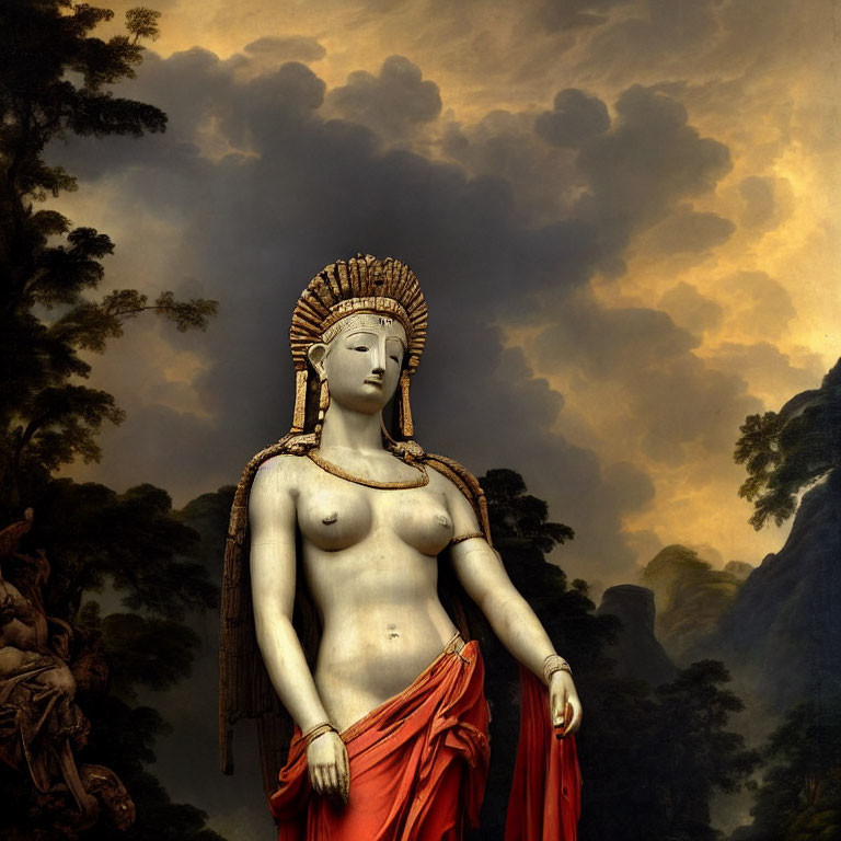 Classical topless woman sculpture with halo headpiece and red cloth, set against dramatic sky and forest