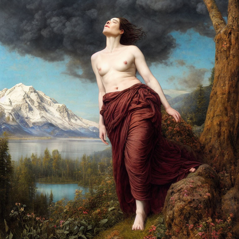 Woman in red draped cloth by tree with mountains, lake, storm cloud
