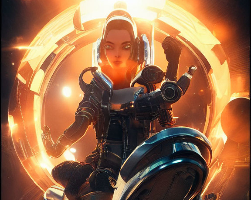 Female astronaut in futuristic space scene with circular structure and glowing sun.