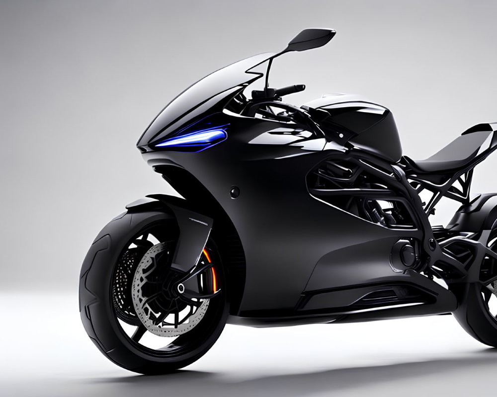 Black Motorcycle with Blue Accent Lighting and Futuristic Design