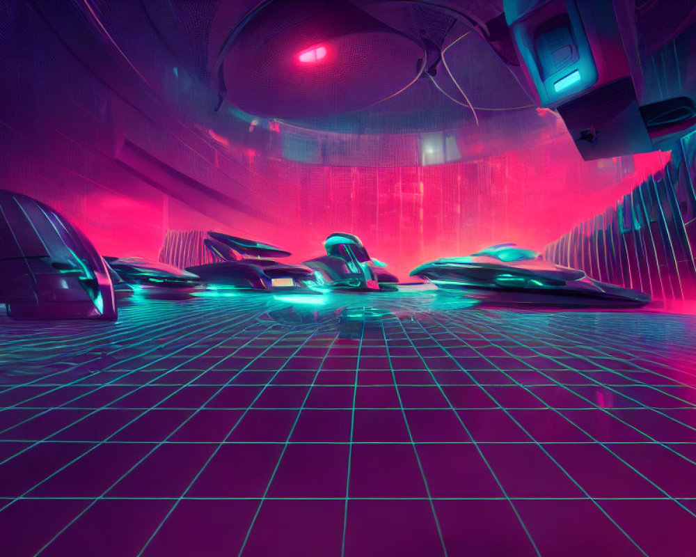 Neon-lit futuristic garage with hovercars on grid floor