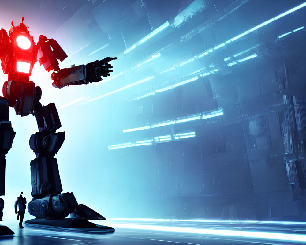 Futuristic scene with person and massive robot in high-tech environment
