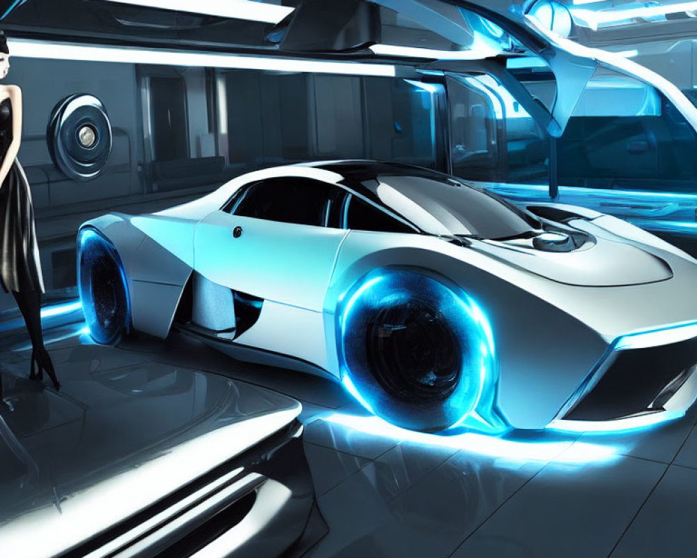 Futuristic white and blue sports car with illuminated wheels in high-tech garage