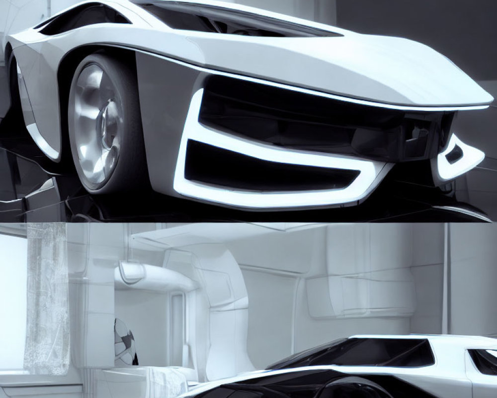 Futuristic white car with distinctive headlights and aerodynamic design