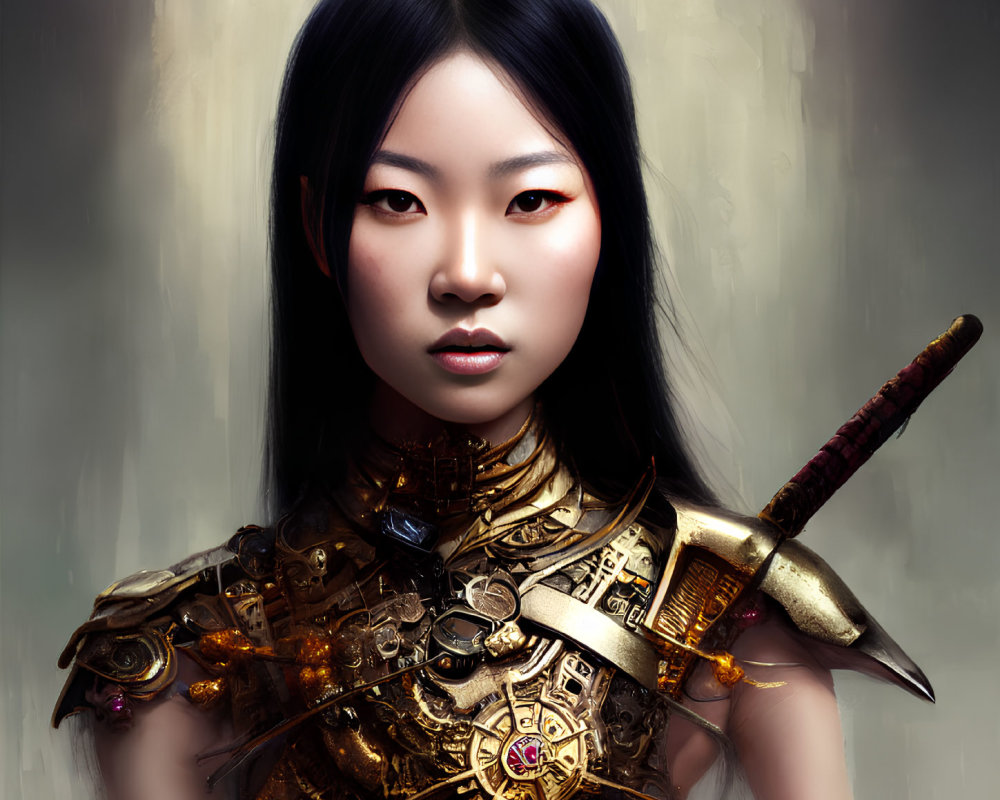 Digital portrait: Asian woman in golden armor with sword, misty background