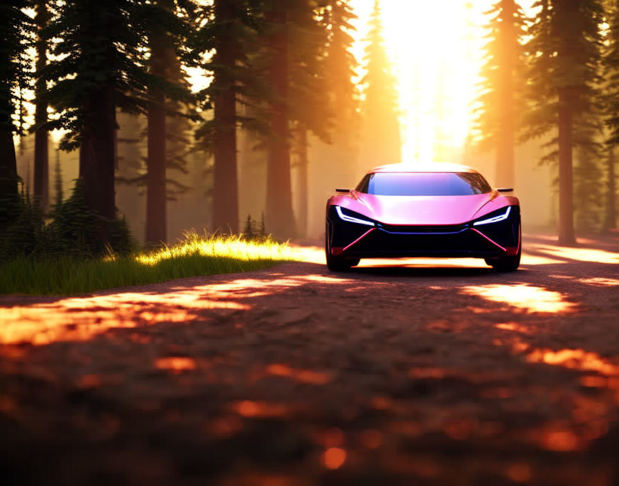 Futuristic car on forest road at sunset with sleek design.