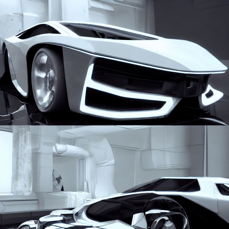 Futuristic white car with distinctive headlights and aerodynamic design
