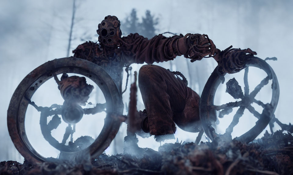 Eerie image of corroded skeletal figure on old bicycle in foggy forest