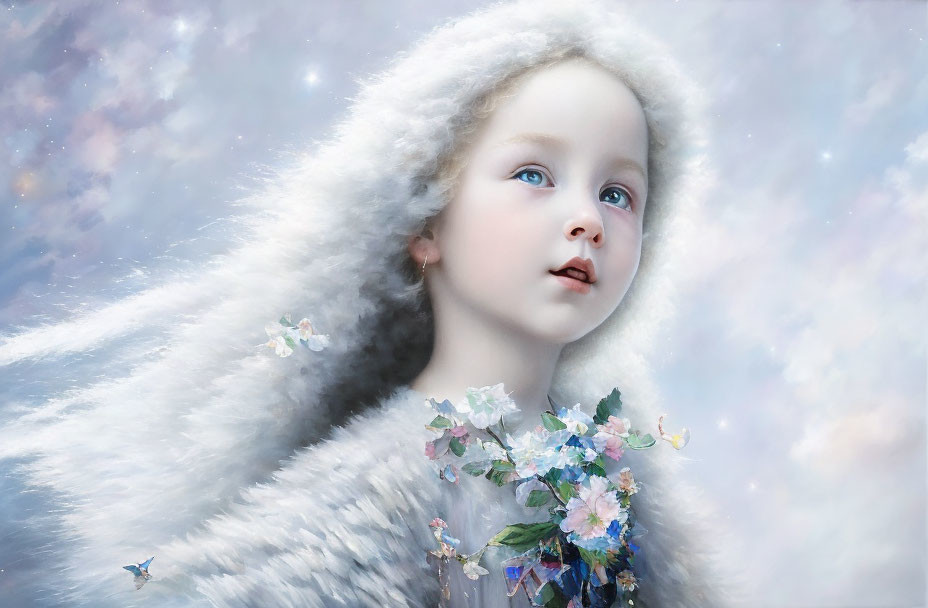 Child portrait with blue eyes, fur hood, flowers, starry sky