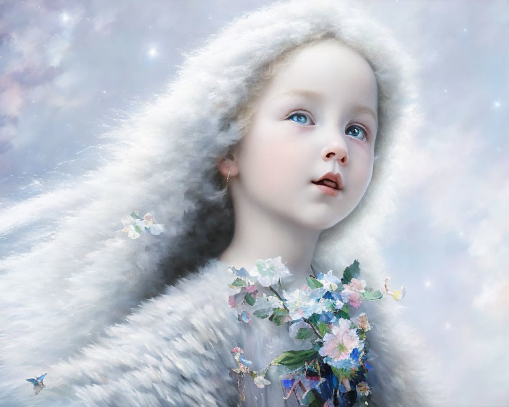 Child portrait with blue eyes, fur hood, flowers, starry sky