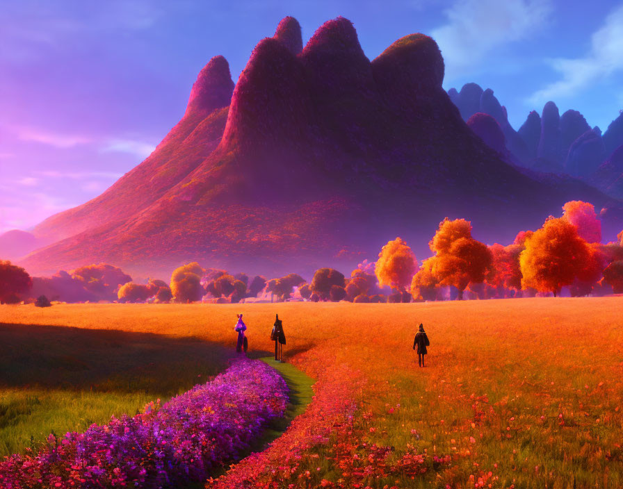 Vibrant meadow scene with three individuals and mountains at sunset