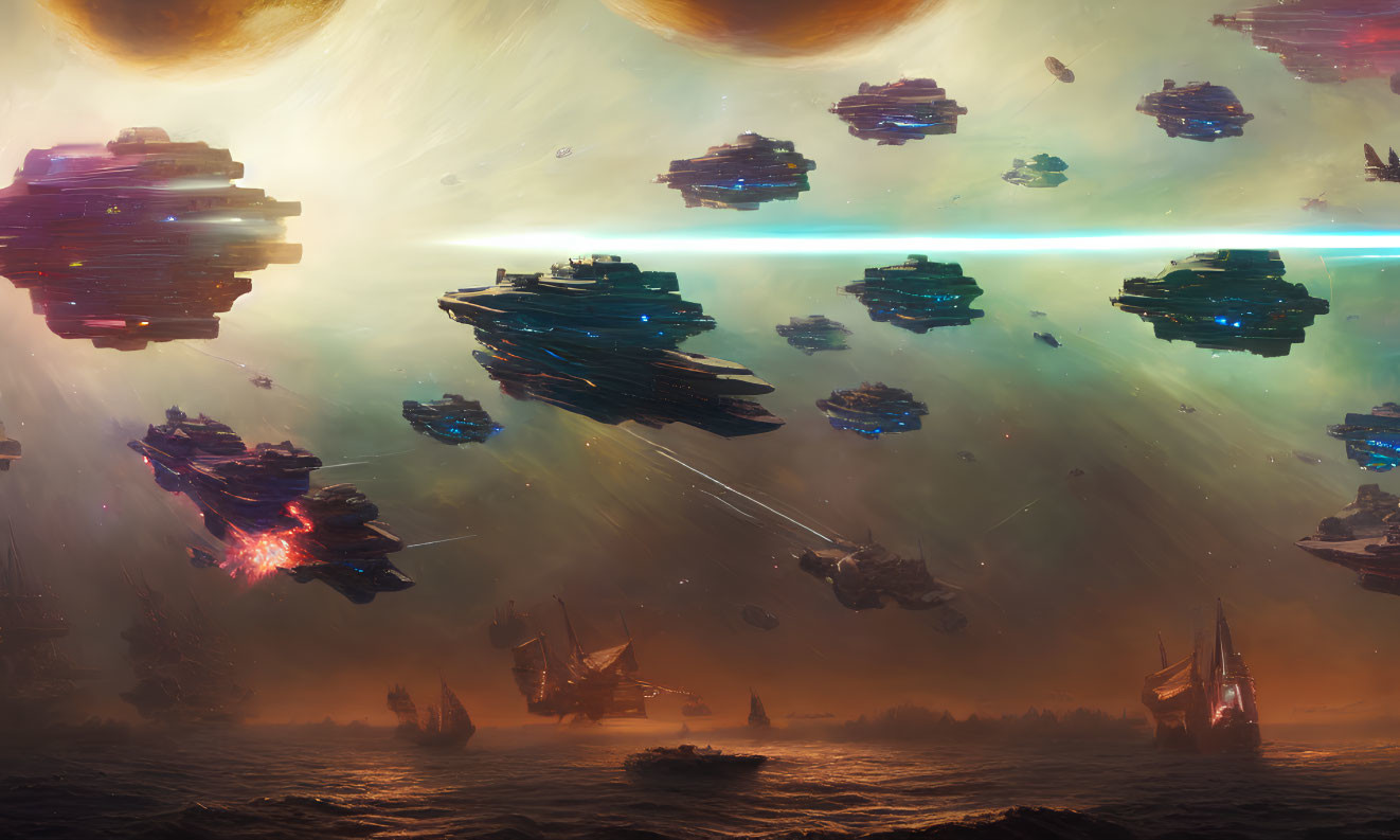 Intense sci-fi scene: epic space battle with laser-firing ships under bright sky