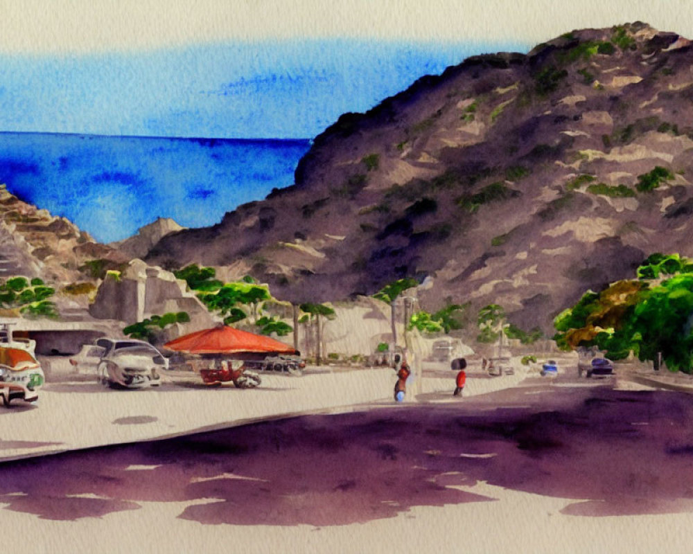 Street scene watercolor painting with cars, food stall, pedestrians, and mountains under blue sky