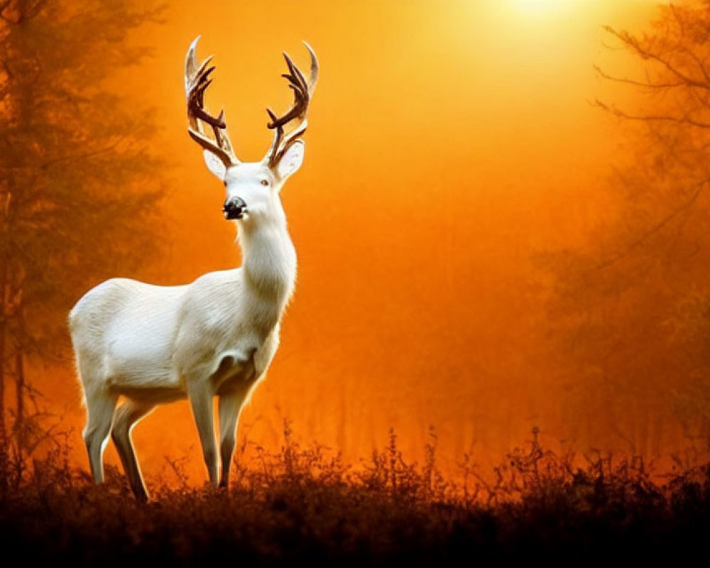 White deer in forest at sunrise or sunset: serene and mystical ambiance