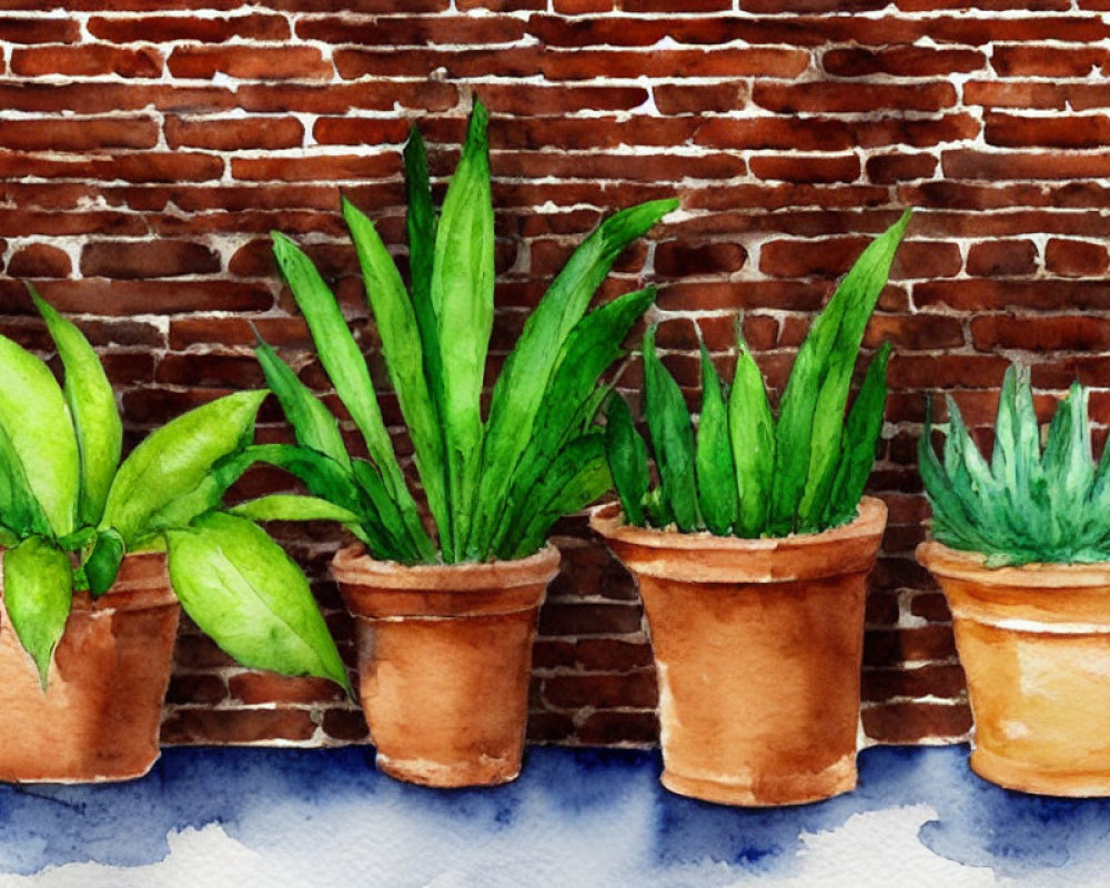 Four potted plants against red brick wall in watercolor art