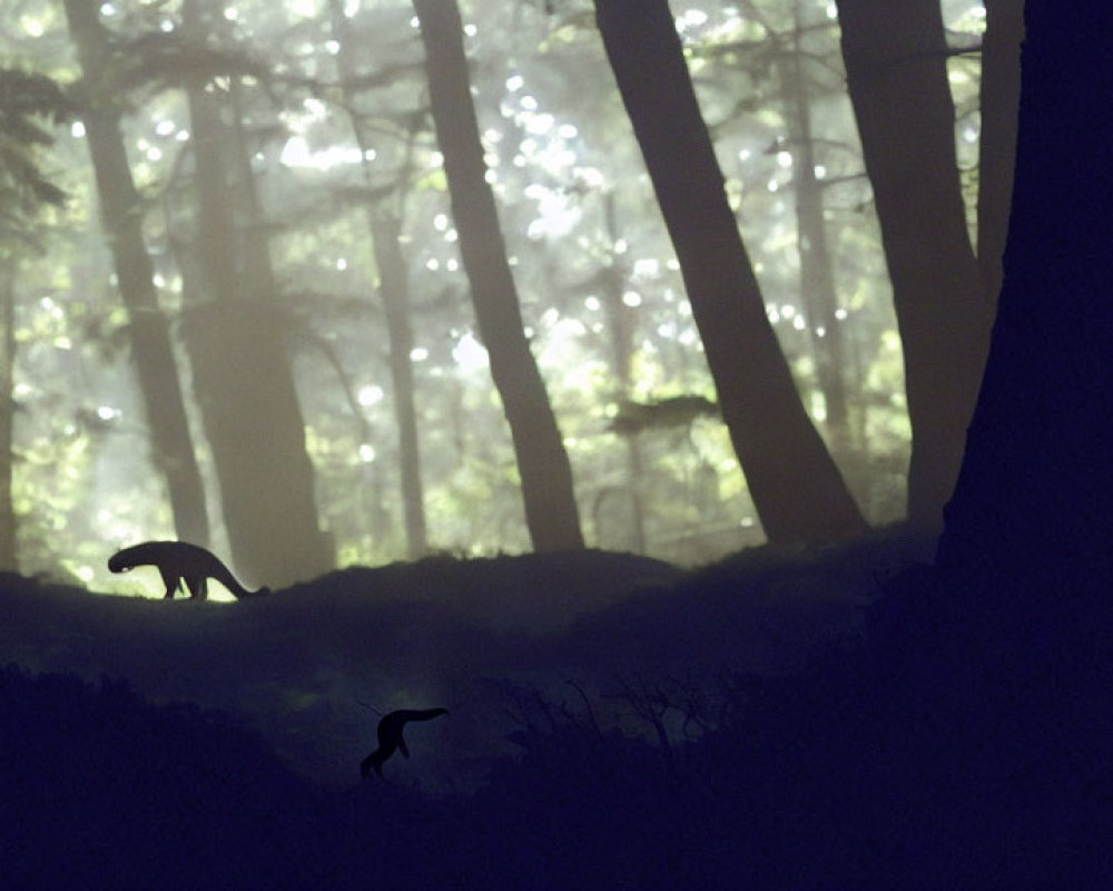 Misty forest with wildlife silhouettes and ethereal light