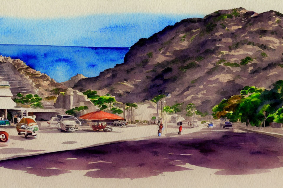 Street scene watercolor painting with cars, food stall, pedestrians, and mountains under blue sky