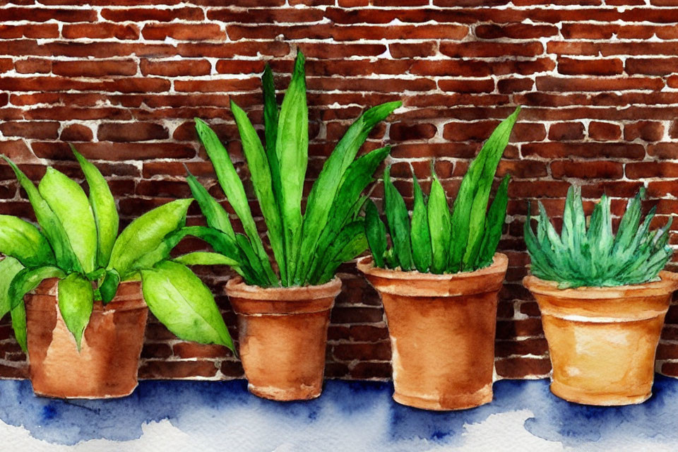 Four potted plants against red brick wall in watercolor art